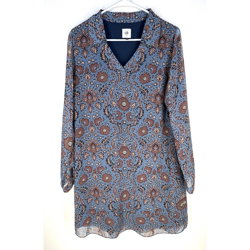 Cabi Medium Provincial Tunic Shirt Dress All Over Print Blue Brown 3295 Lined